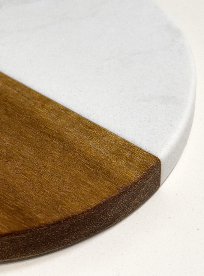 Base de Mármol Blanco y Madera para Kokedamas. Circular